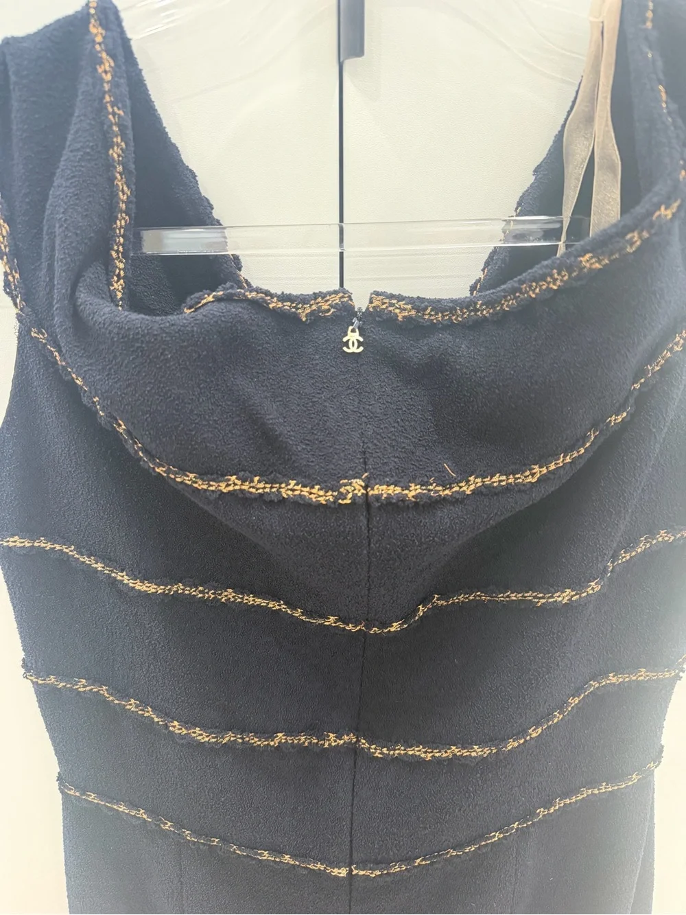 CHANEL Black Midi Dress with Gold Trim and Signature Charm